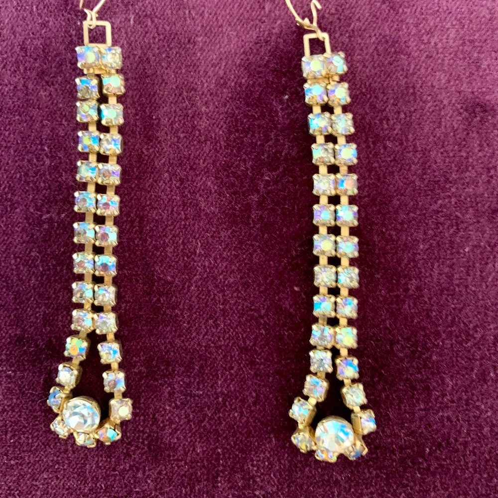 Vintage Iridescent  Aurora Borealis Double Row Rhinestone Earrings
